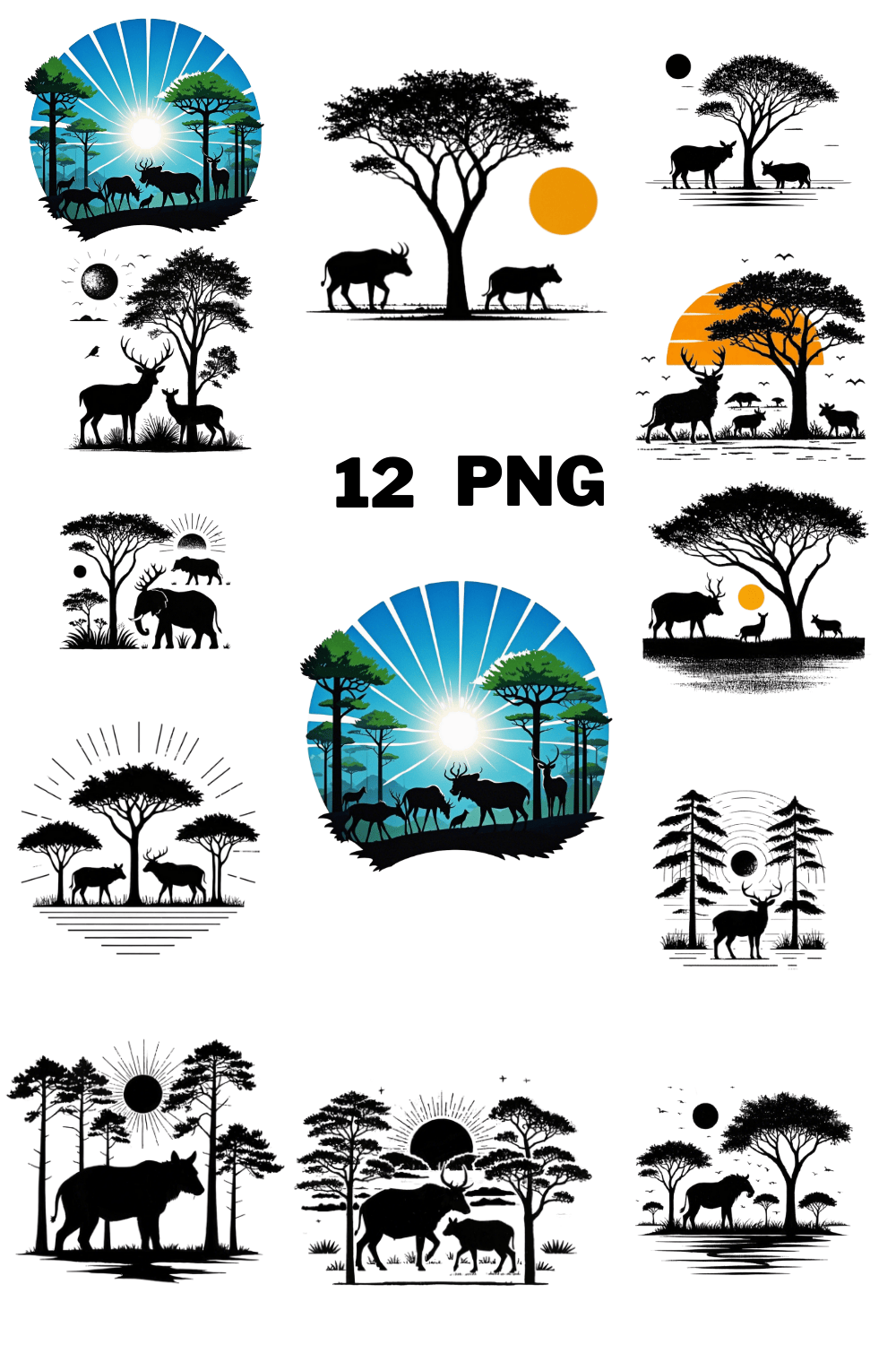 Minimalist Wildlife Silhouette Sublimation Clipart Bundle pinterest preview image.