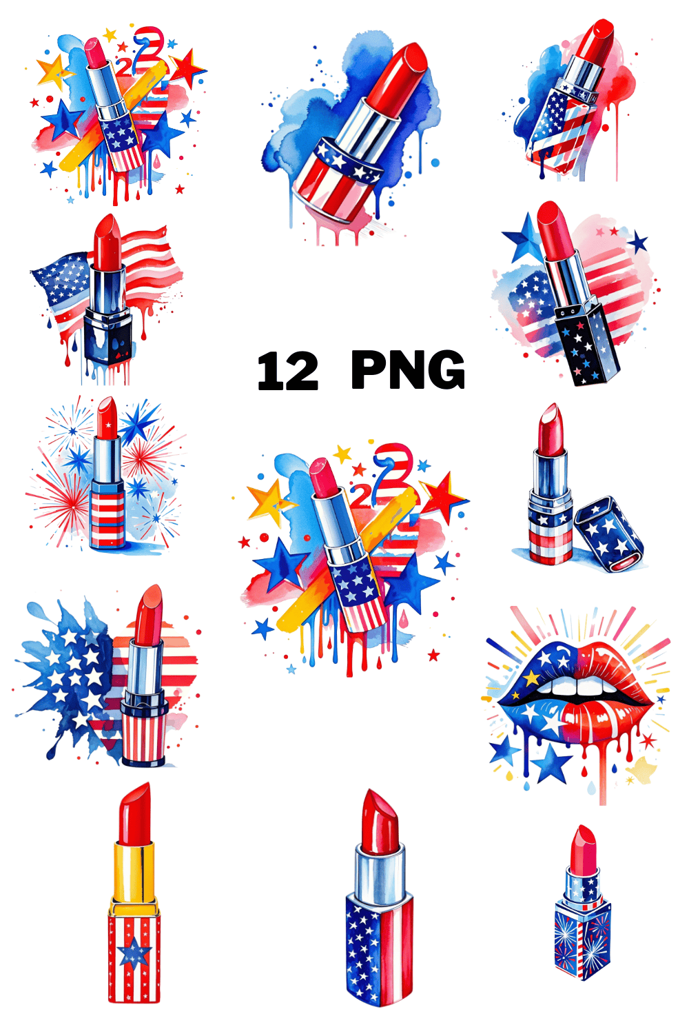 Watercolor Patriotic Lipstick and American Flag Sublimation Clipart Bundle pinterest preview image.