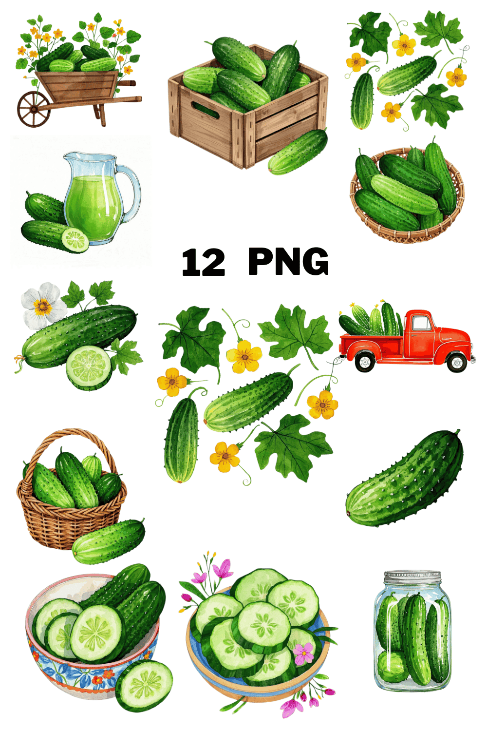 Watercolor Cucumbers Sublimation Clipart Bundle pinterest preview image.