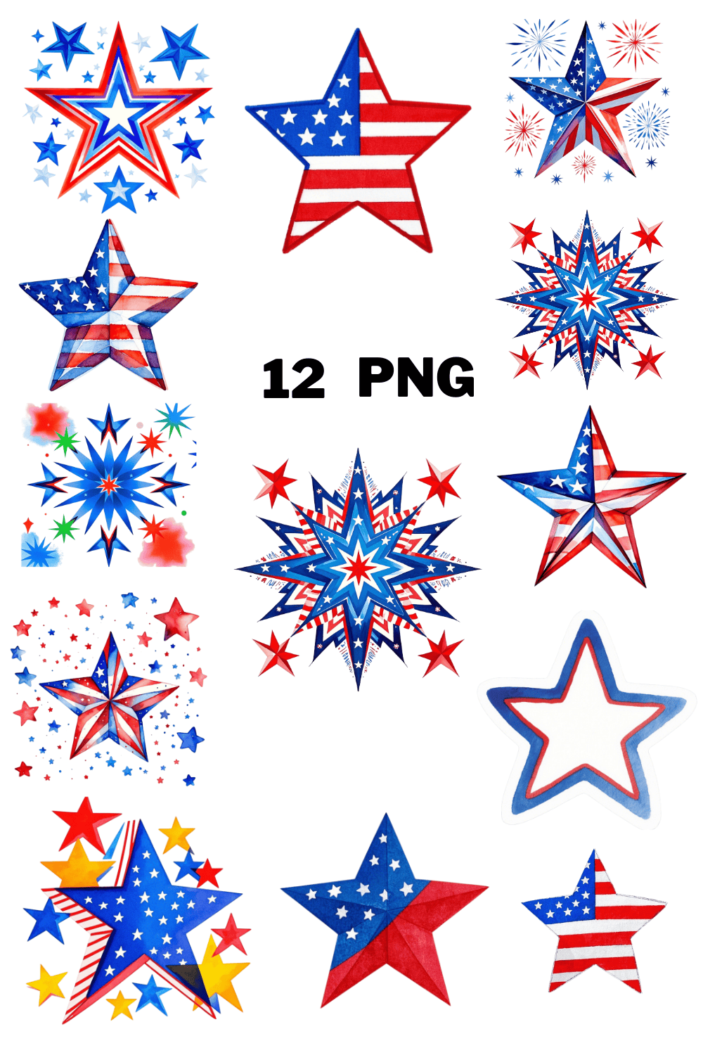 Watercolor Patriotic American Flag Star Sublimation Clipart Bundle pinterest preview image.