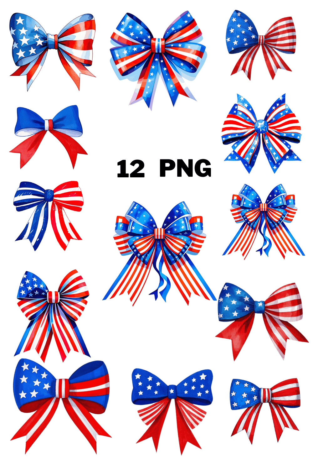 Watercolor USA Patriotic Bow Sublimation Clipart Bundle pinterest preview image.