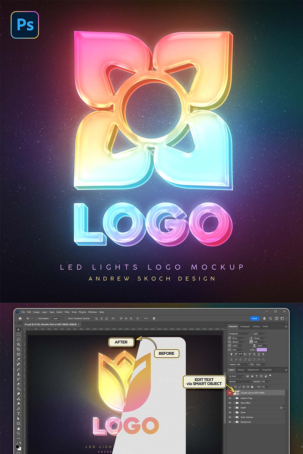 LED Logo Photoshop Mockup pinterest preview image.
