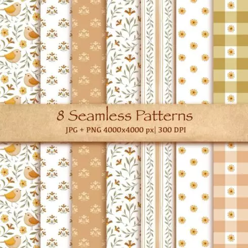 8 Spring Seamless Patterns – Flowers, Birds, Leaves cover image.