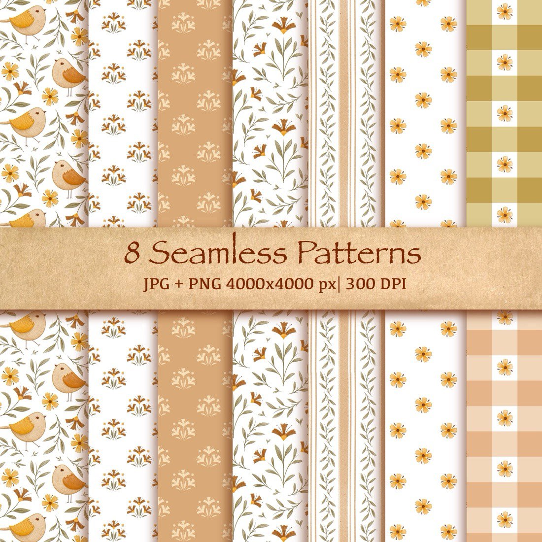 8 Spring Seamless Patterns – Flowers, Birds, Leaves cover image.