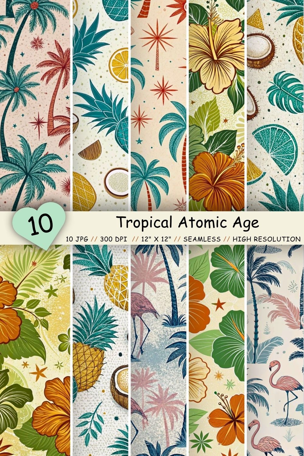 Tropical Atomic Age Seamless Pattern – Retro Geometric Palms & Pineapples pinterest preview image.