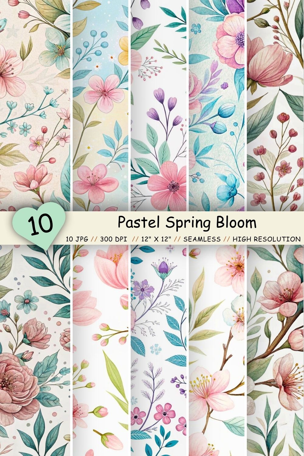 Pastel Spring Bloom Seamless Pattern, Seamless Digital Paper pinterest preview image.