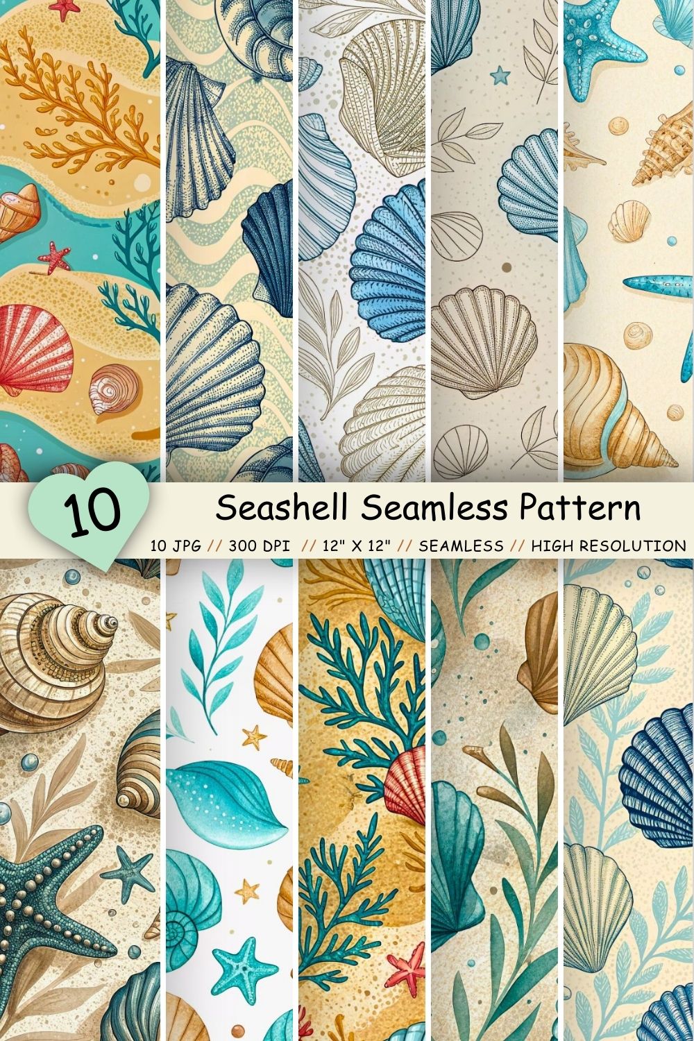 Seashell Seamless Pattern - Sandy Beige & Ocean Blue Tones pinterest preview image.