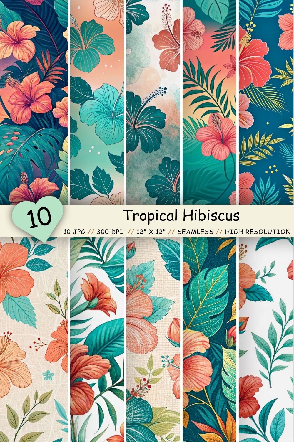 Tropical Hibiscus Bliss Seamless Pattern – Coral & Teal Watercolor Florals pinterest preview image.