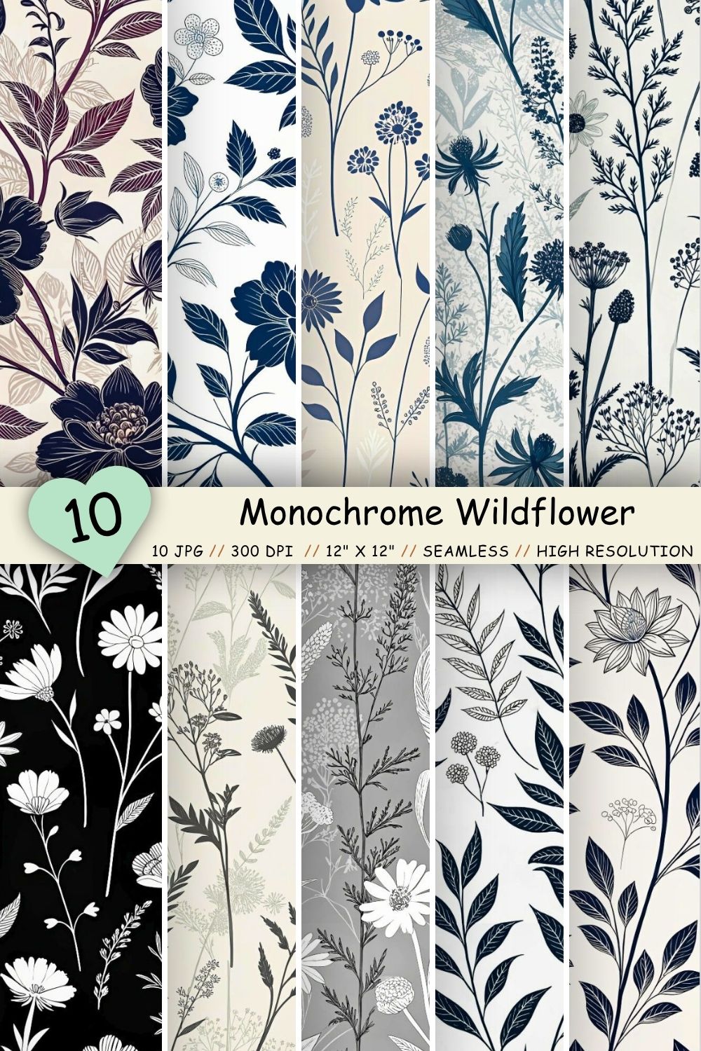 Monochrome Wildflower Silhouettes Pattern, Seamless Digital Paper pinterest preview image.
