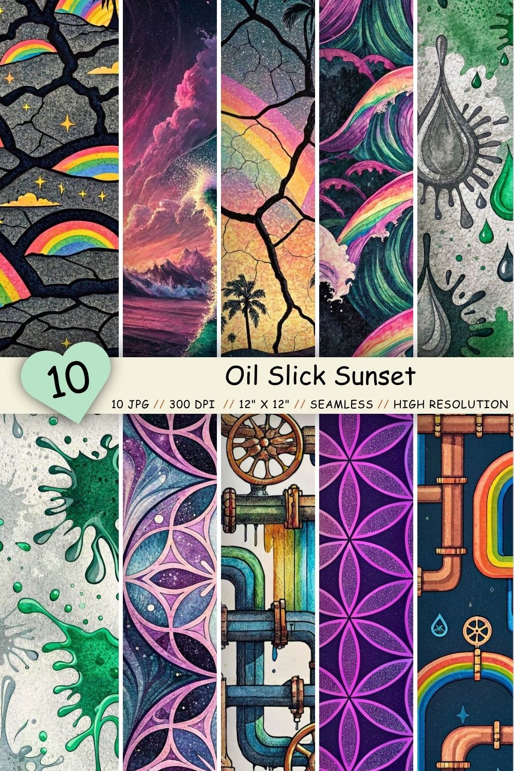 Oil Slick Sunset Seamless Pattern – Iridescent Black & Rainbow Pollution pinterest preview image.
