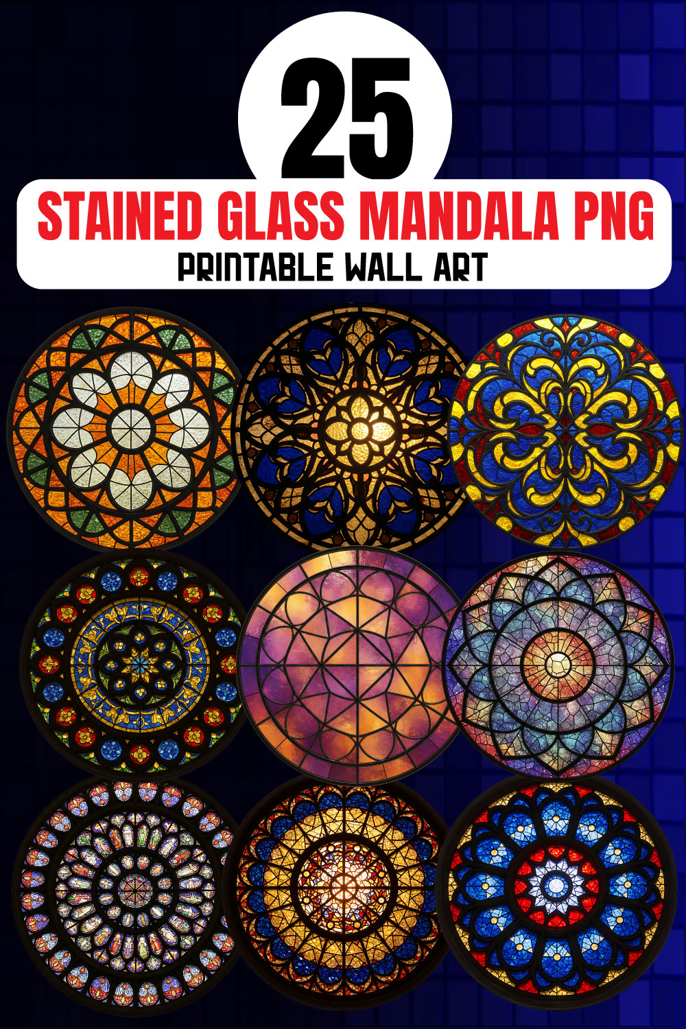 25 Stained Glass Mandala PNG Printable Wall Art pinterest preview image.