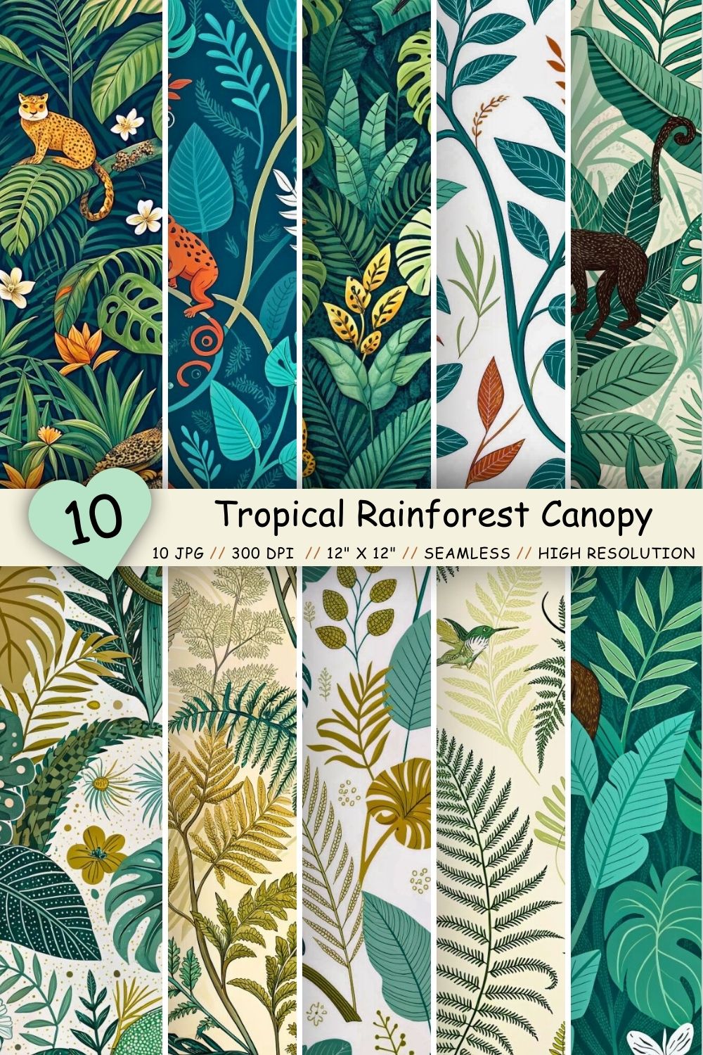 Tropical Rainforest Canopy Seamless Pattern – Hidden Wildlife & Parrots pinterest preview image.