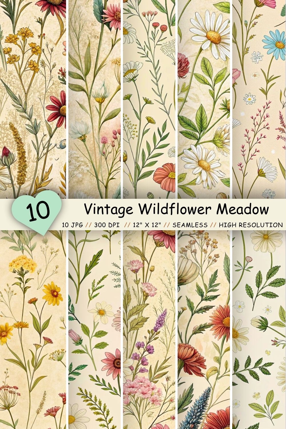 Vintage Wildflower Meadow – Seamless Digital Paper pinterest preview image.