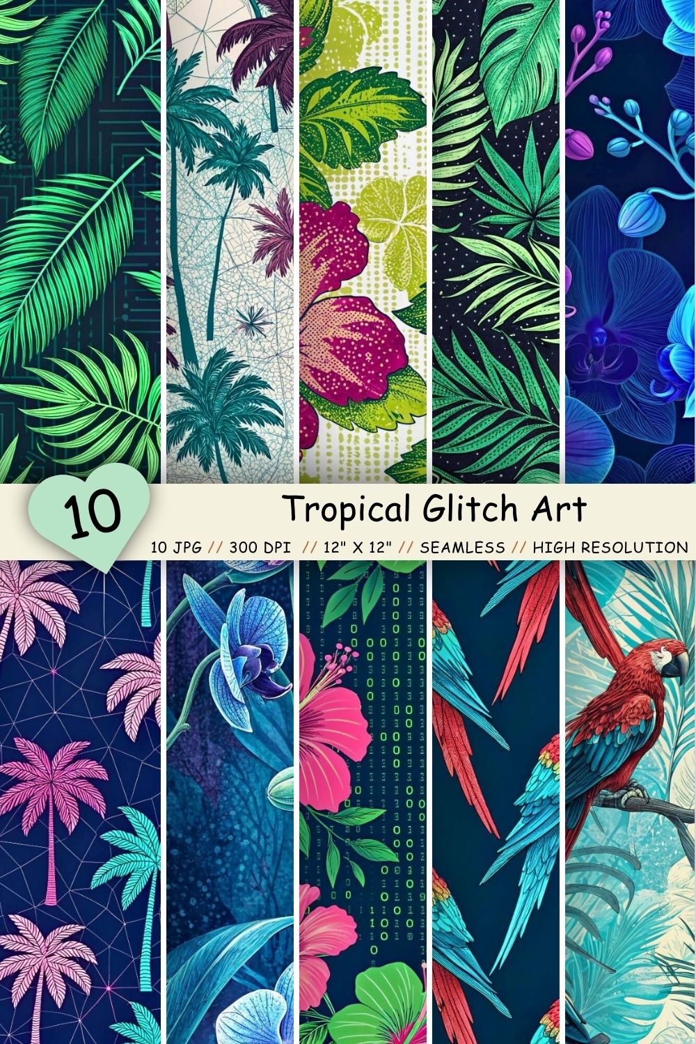 Tropical Glitch Art Seamless Pattern – Digital Distortion & Neon Flora pinterest preview image.