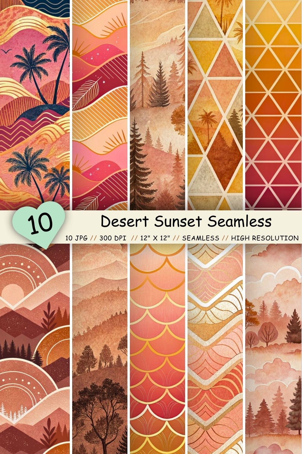 Desert Sunset Seamless Pattern – Terracotta, Sage & Golden Dunes pinterest preview image.