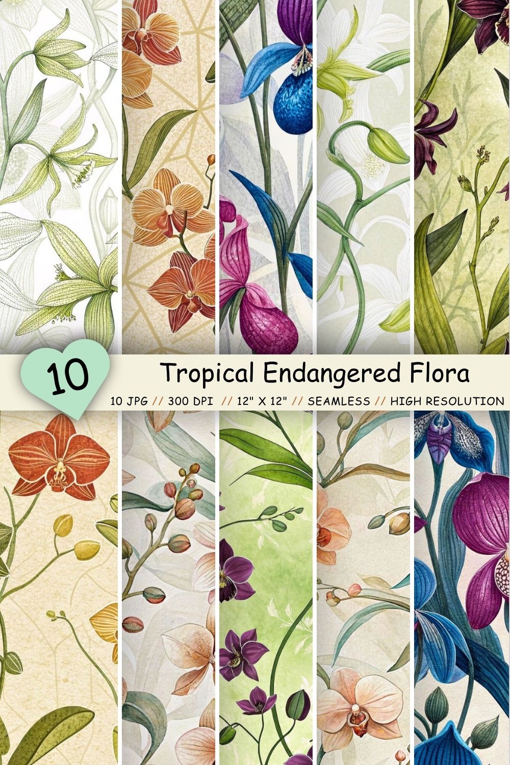 Tropical Endangered Flora Seamless Pattern – Rare Orchids & Conservation pinterest preview image.