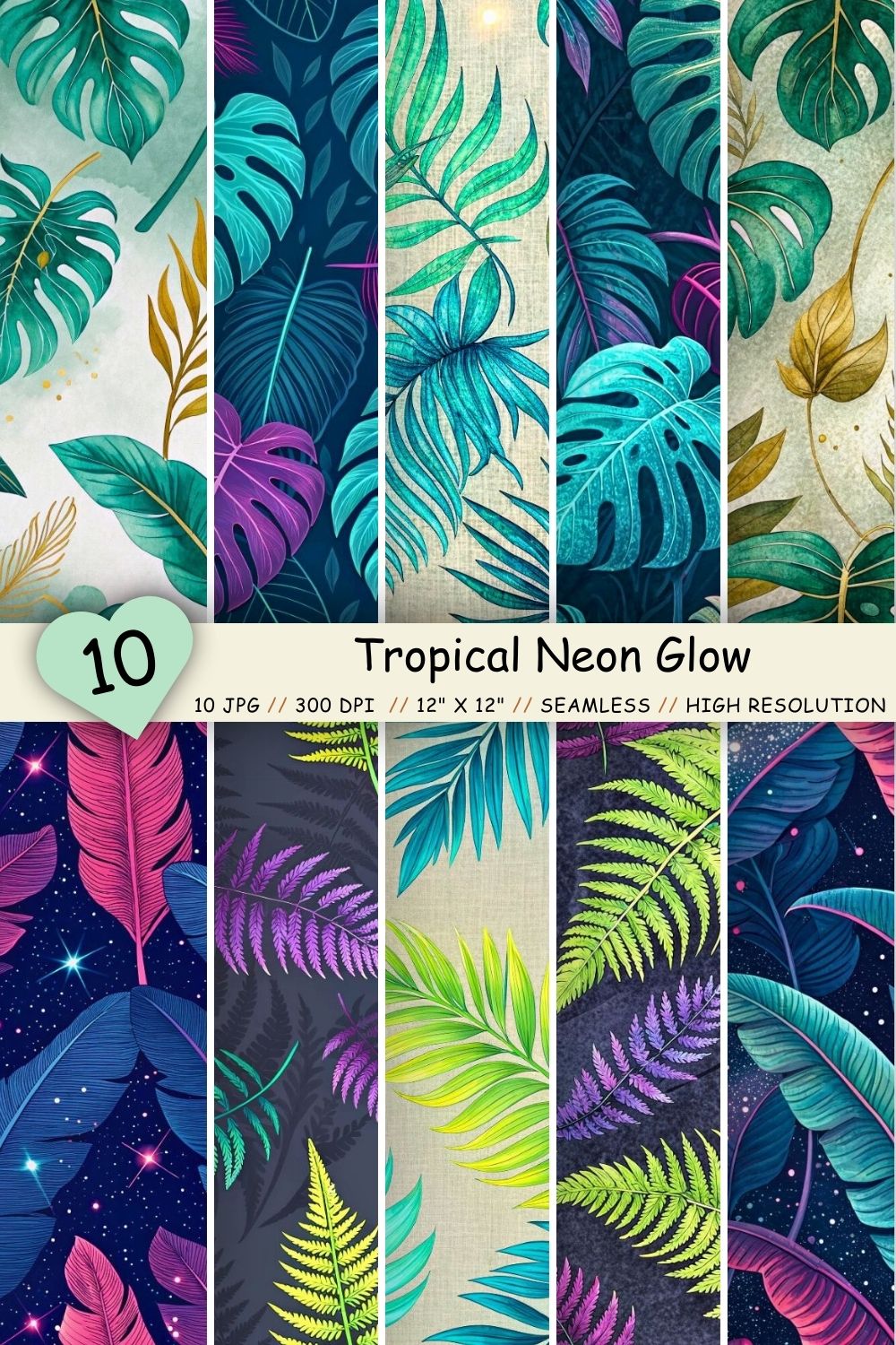 Tropical Neon Glow Seamless Pattern – UV-Reactive Bioluminescent Leaves pinterest preview image.
