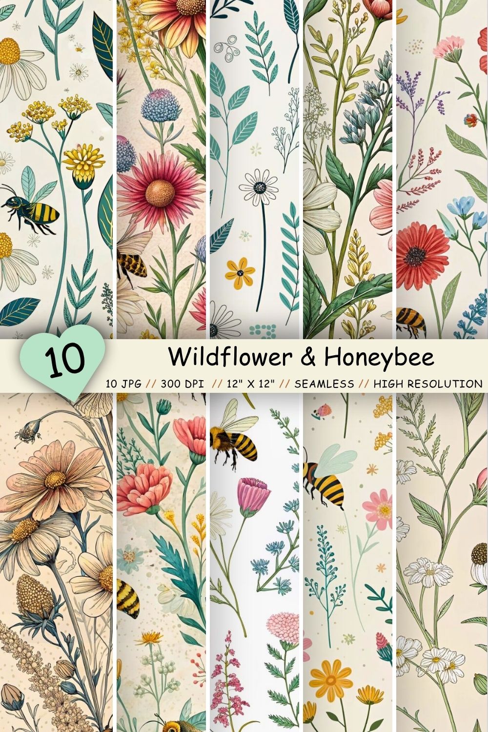 Wildflower & Honeybee Harmony Patterns, Seamless Digital Paper pinterest preview image.