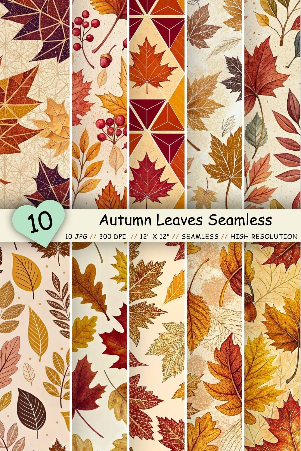 Autumn Leaves Seamless Pattern - Rust, Mustard & Burnt Orange pinterest preview image.
