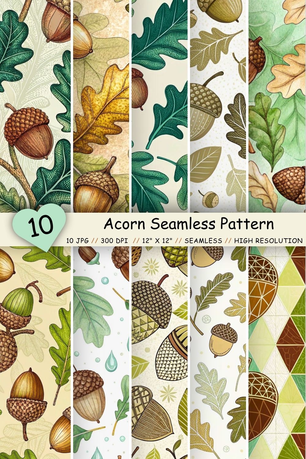Acorn Seamless Pattern - Rich Brown & Olive Green Autumn pinterest preview image.