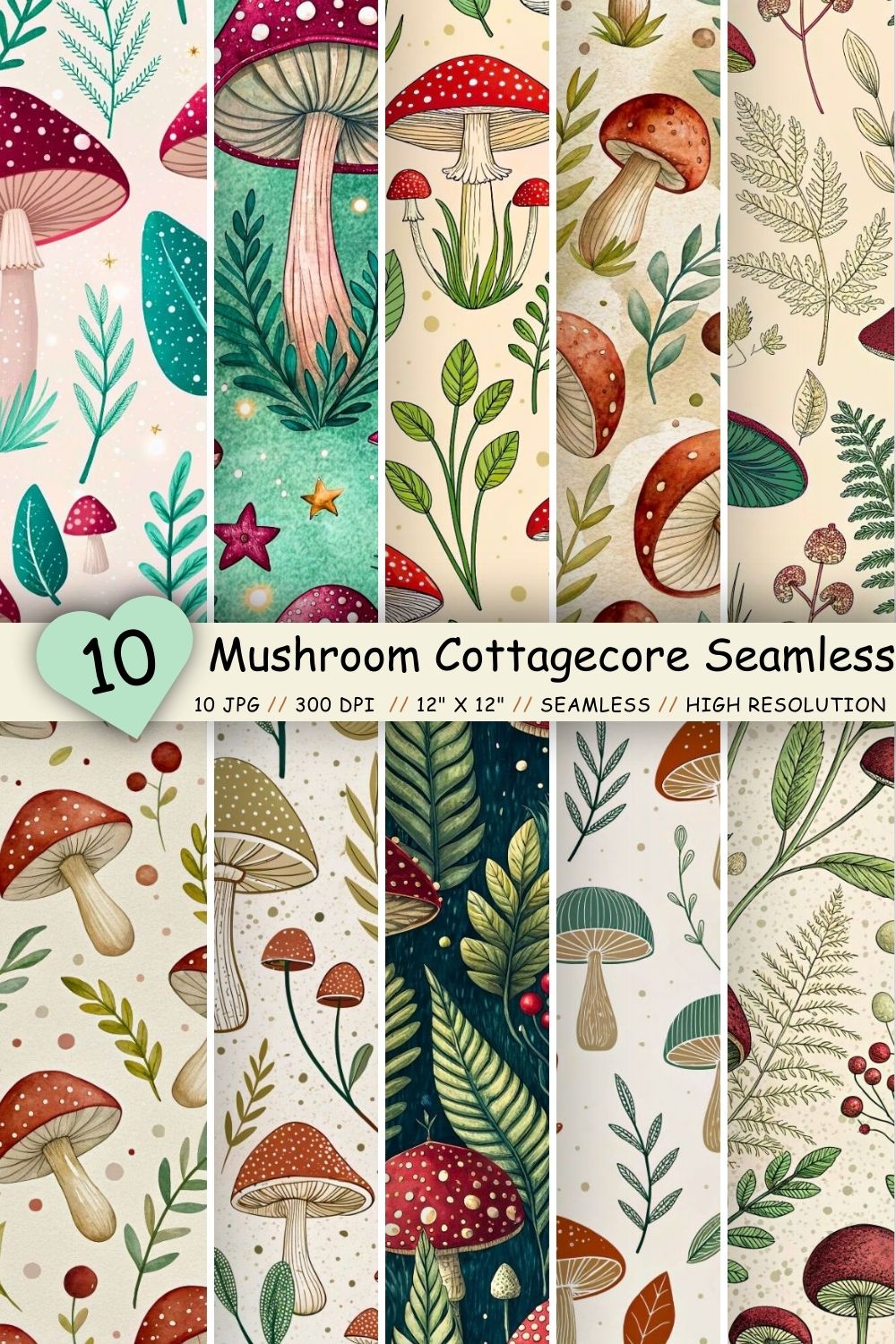 Mushroom Cottagecore Seamless Pattern, Earthy Red & Forest Green pinterest preview image.