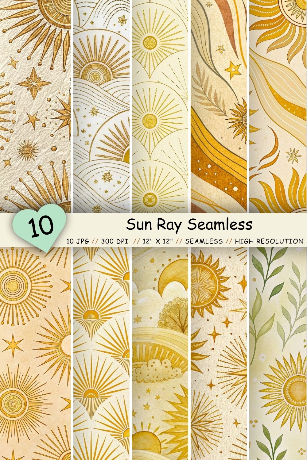 Sun Ray Seamless Pattern, Warm Yellow & Cream Gradient pinterest preview image.