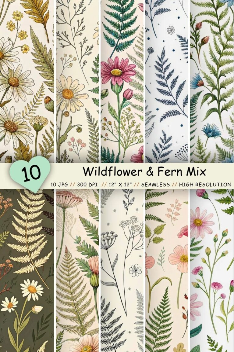 Wildflower & Fern Mix Pattern, Seamless Digital Paper - MasterBundles