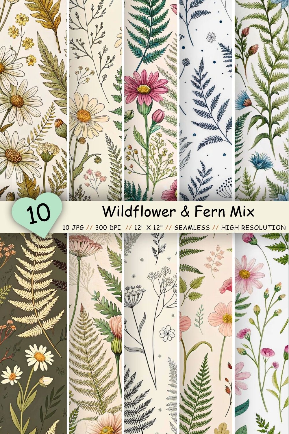 Wildflower & Fern Mix Pattern, Seamless Digital Paper pinterest preview image.