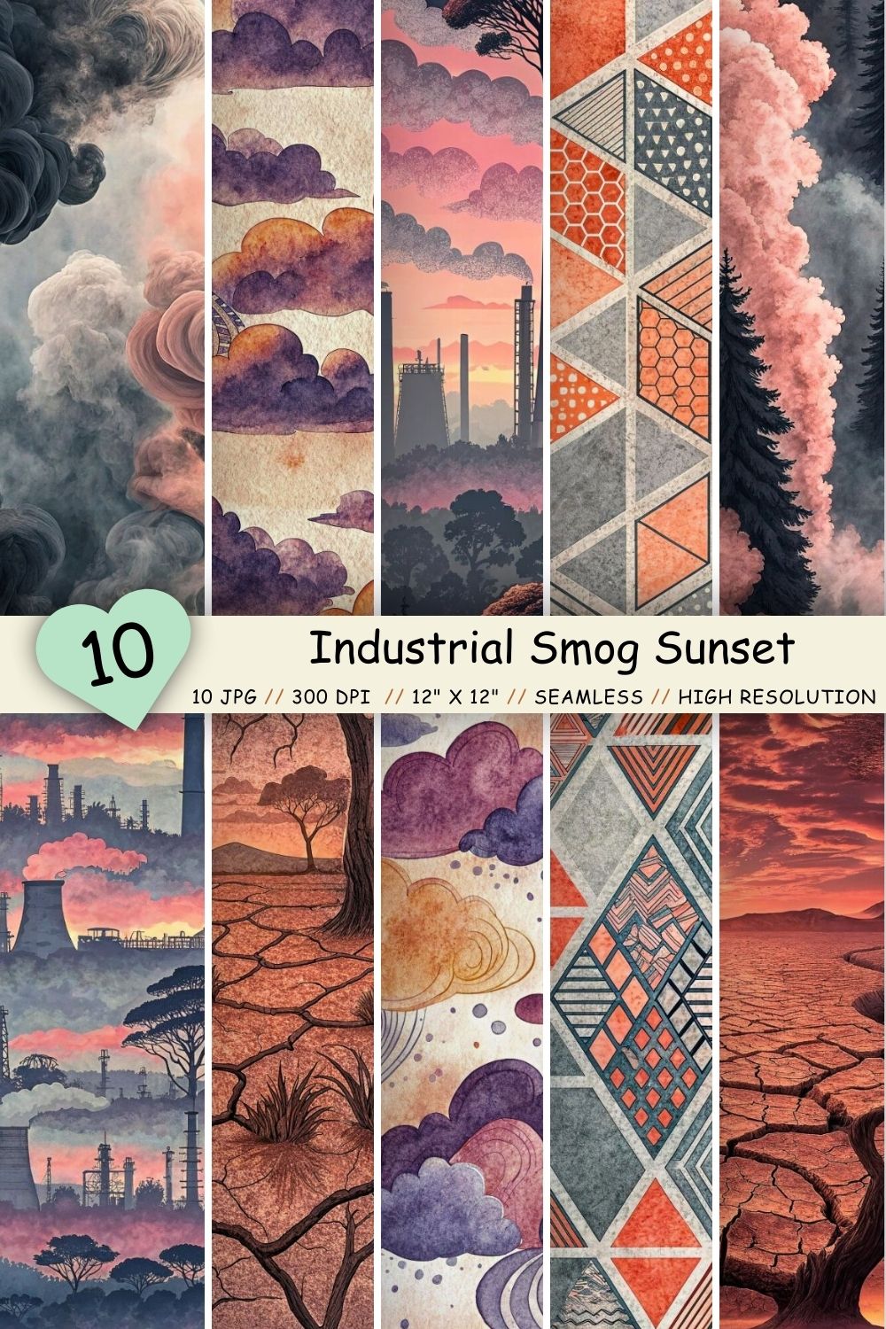 Industrial Smog Sunset Seamless Pattern – Gray-Pink Pollution Gradients pinterest preview image.