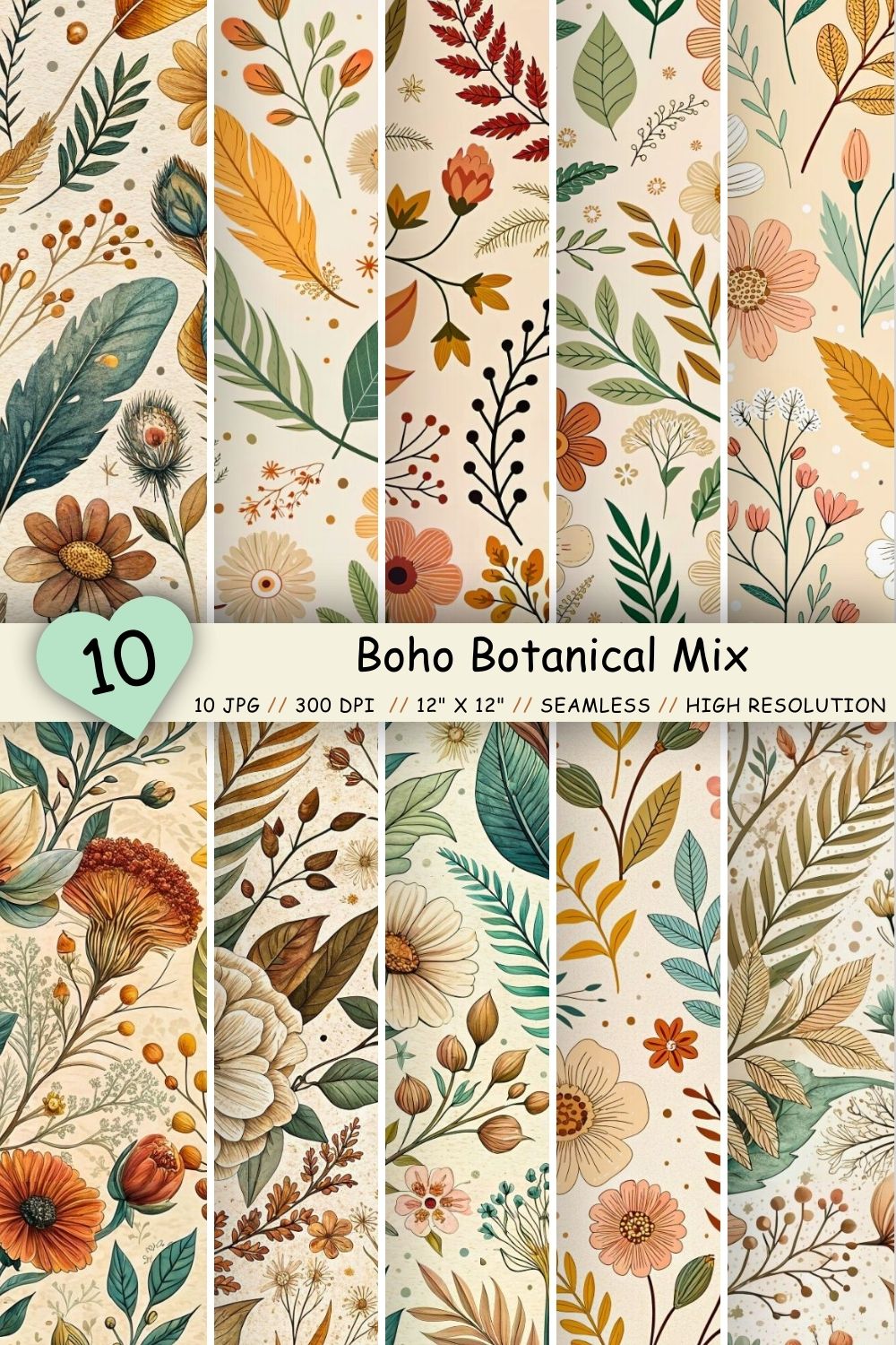 Boho Botanical Mix Seamless Pattern, Seamless Digital Paper pinterest preview image.