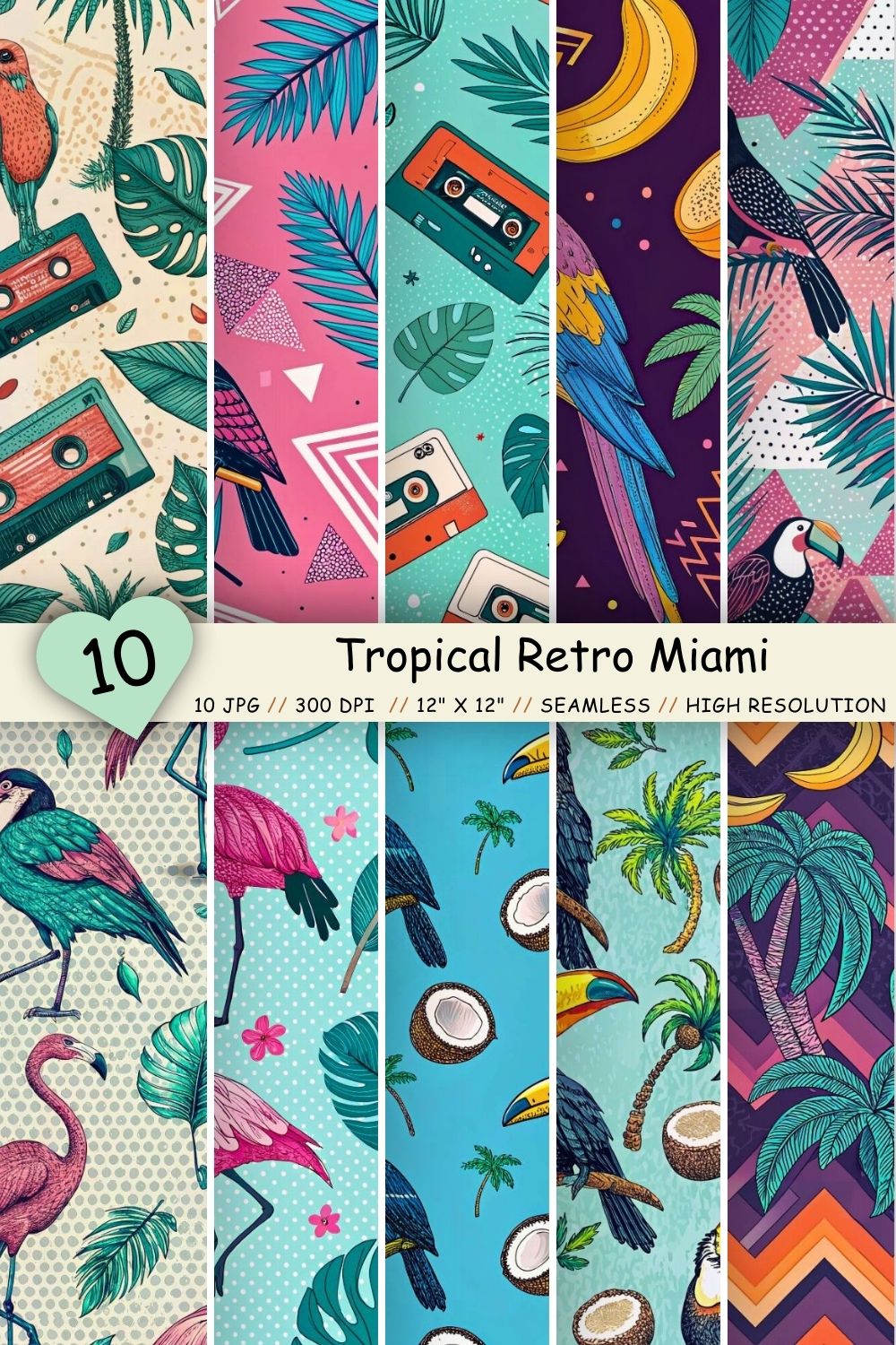 Tropical Retro Miami Seamless Pattern – 80s Toucans & Neon Palms pinterest preview image.