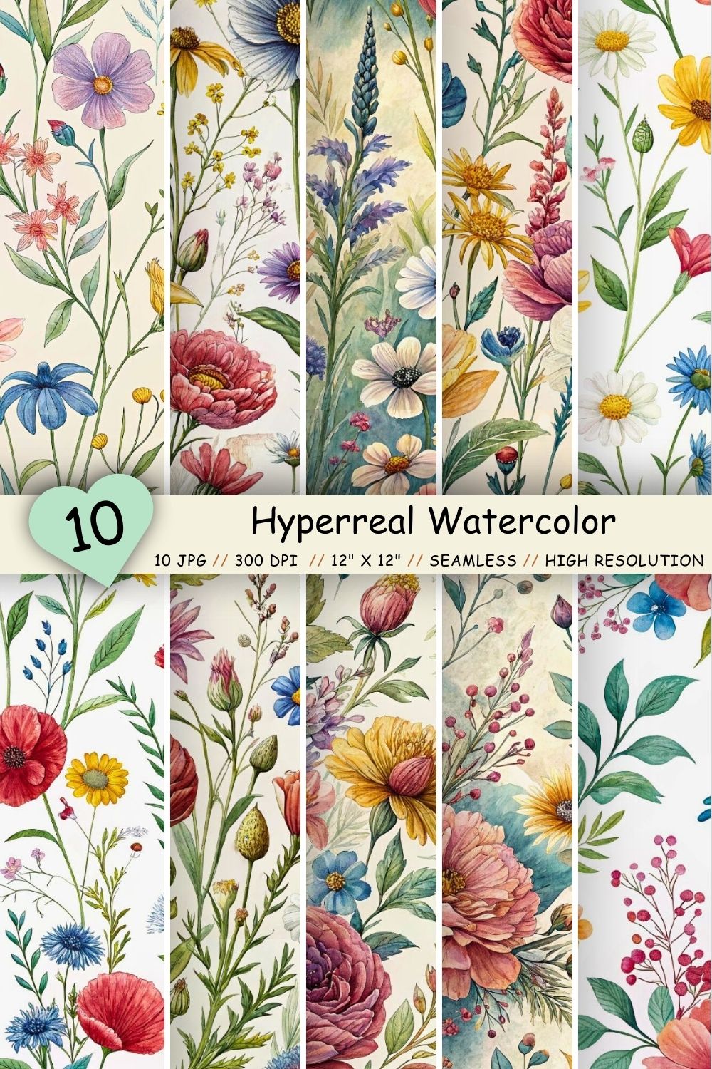 Hyperreal Watercolor Wildflowers Pattern – Seamless Digital Paper pinterest preview image.