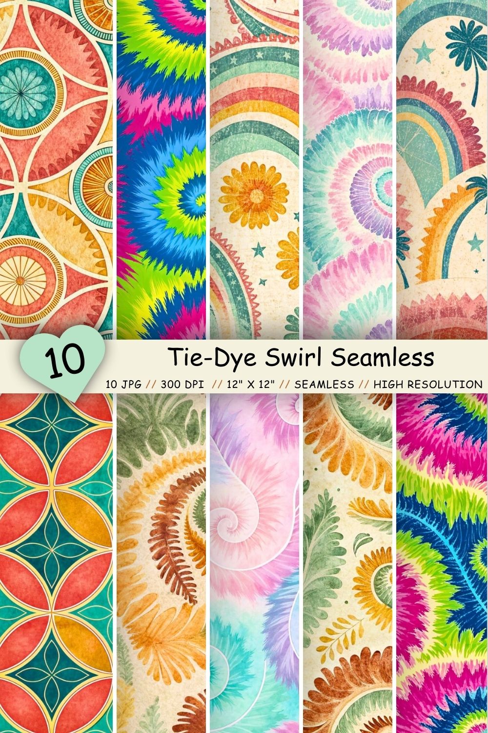 Tie-Dye Swirl Seamless Pattern – Psychedelic Rainbow & Pastel Waves pinterest preview image.