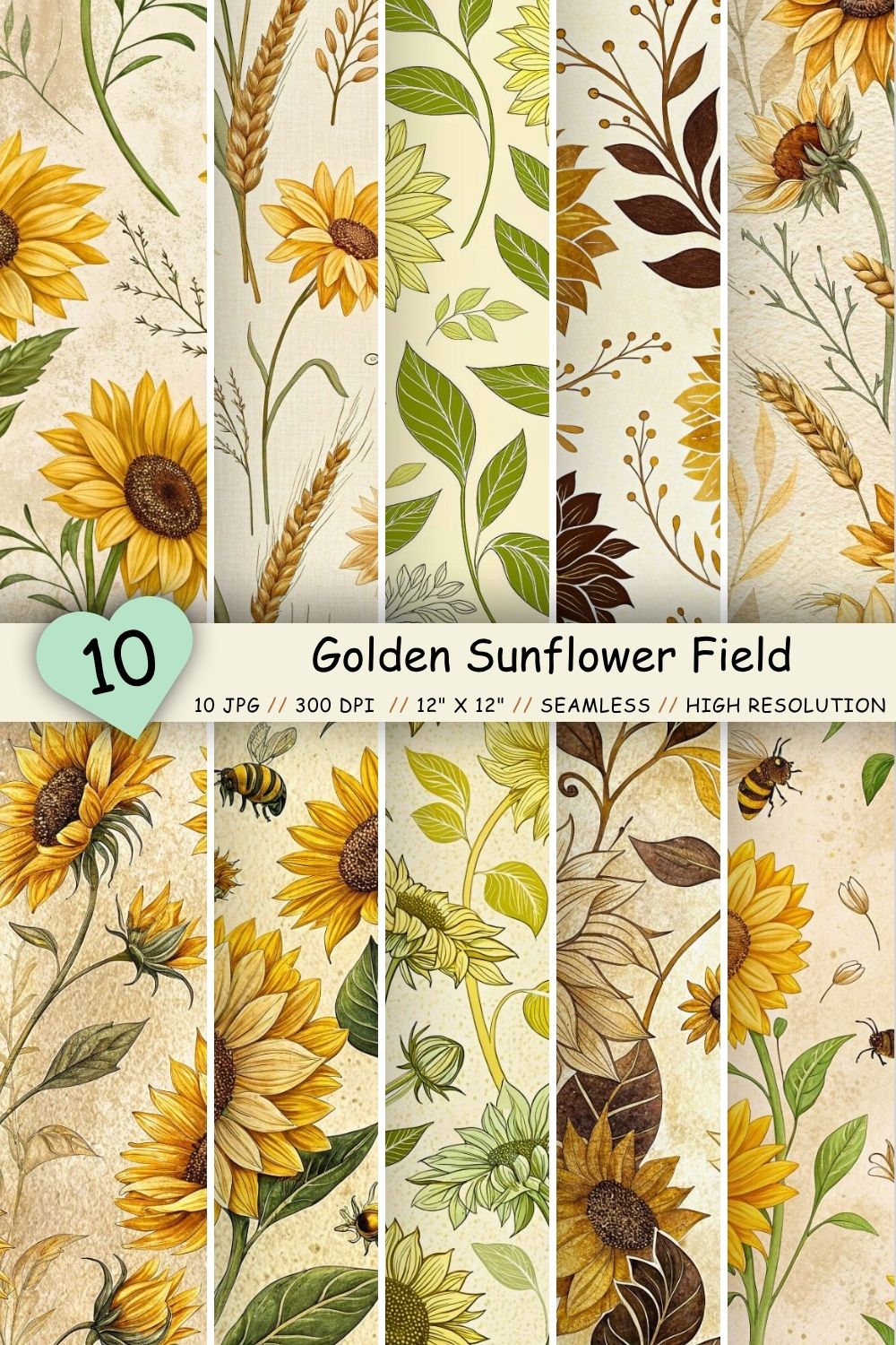 Golden Sunflower Field Seamless Pattern – Yellow & Earthy Farmhouse Florals pinterest preview image.
