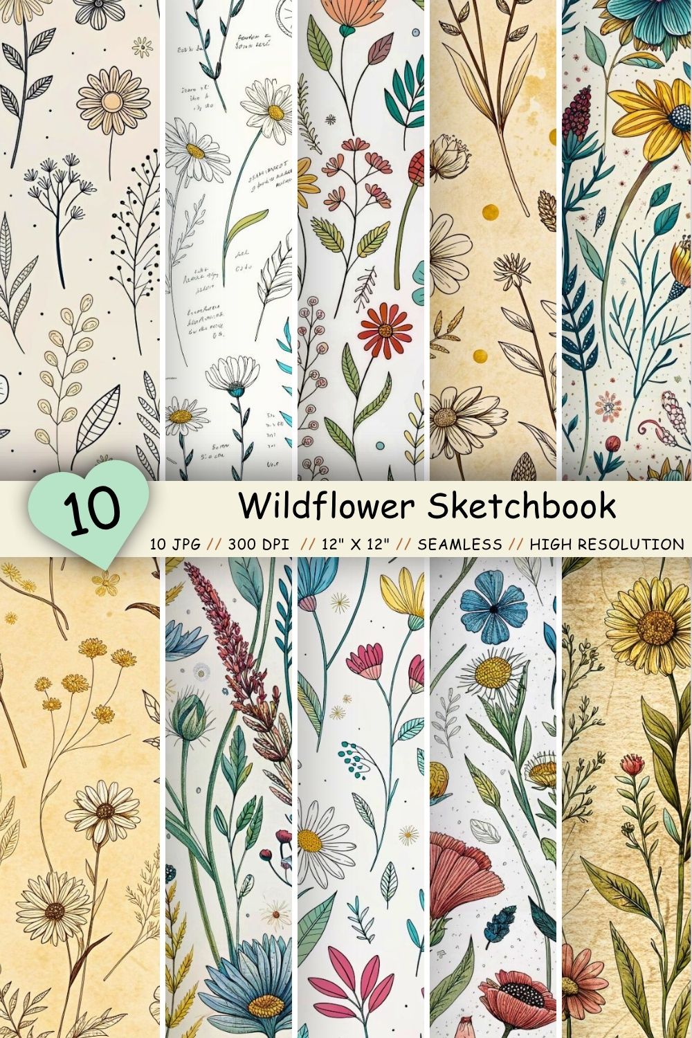 Wildflower Sketchbook Doodle Pattern, Seamless Digital Paper pinterest preview image.