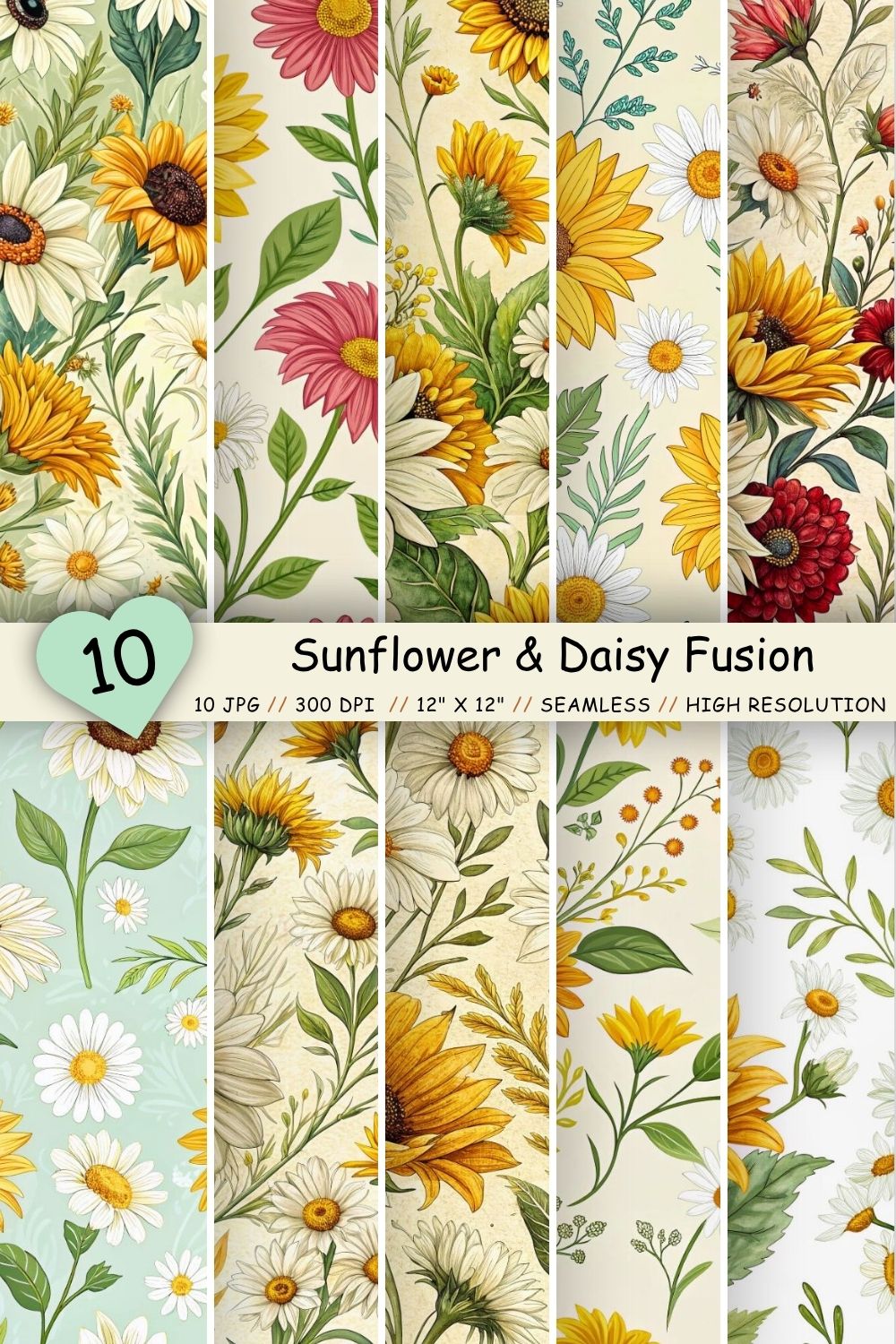 Sunflower & Daisy Fusion Pattern, Seamless Digital Paper pinterest preview image.
