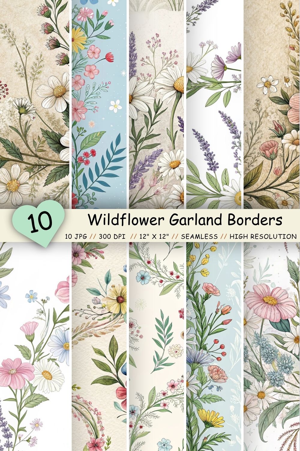 Wildflower Garland Borders Pattern, Seamless Digital Paper pinterest preview image.