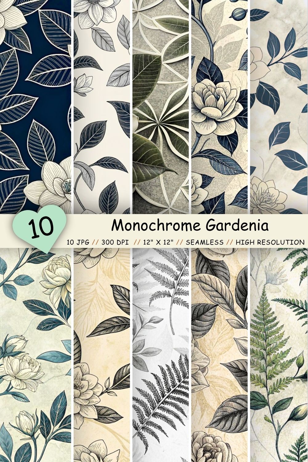 Monochrome Gardenia Elegance Seamless Pattern – Black & White Botanical Sketch pinterest preview image.