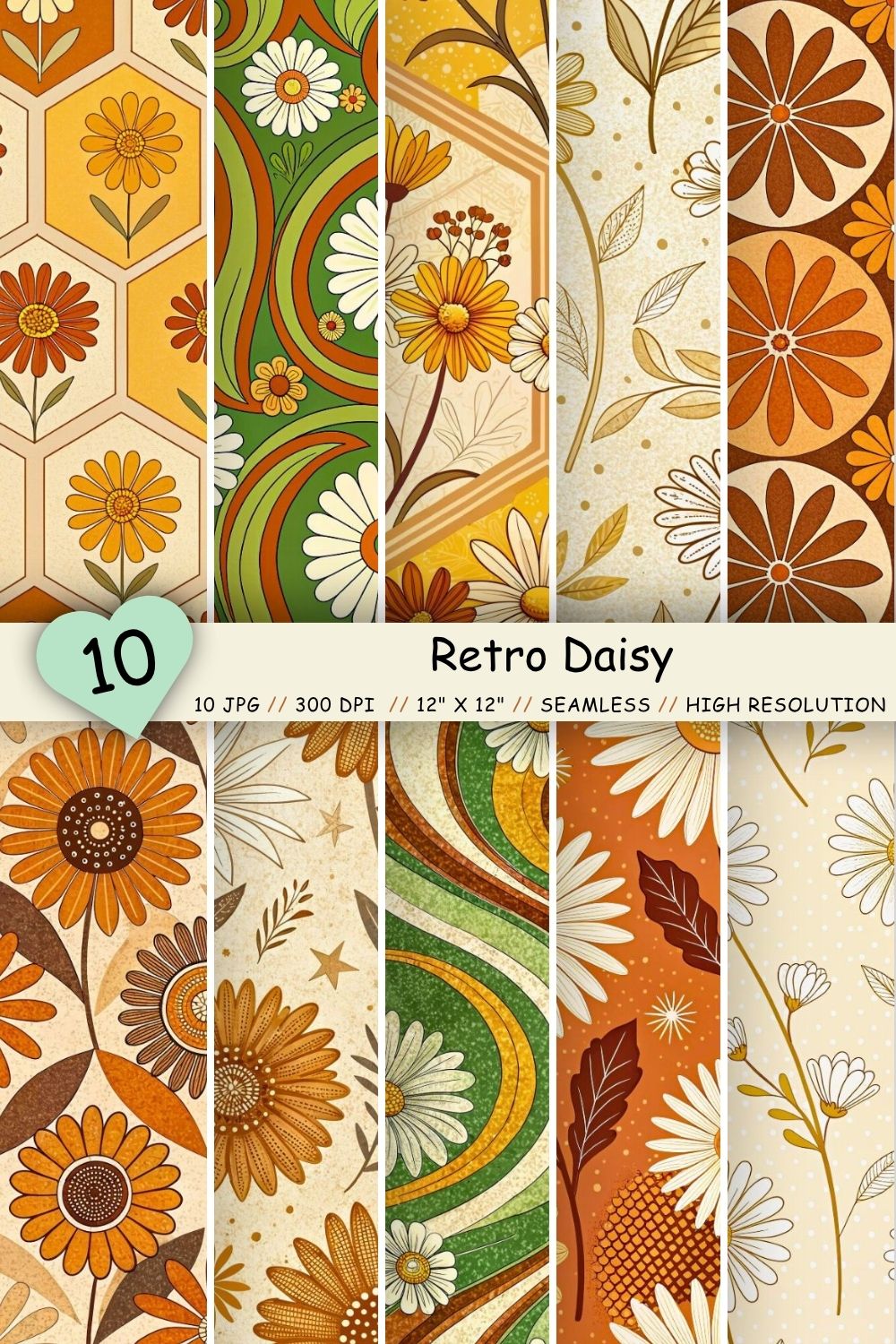Retro Daisy Dream Seamless Pattern – 70s Orange & Mustard Blooms pinterest preview image.