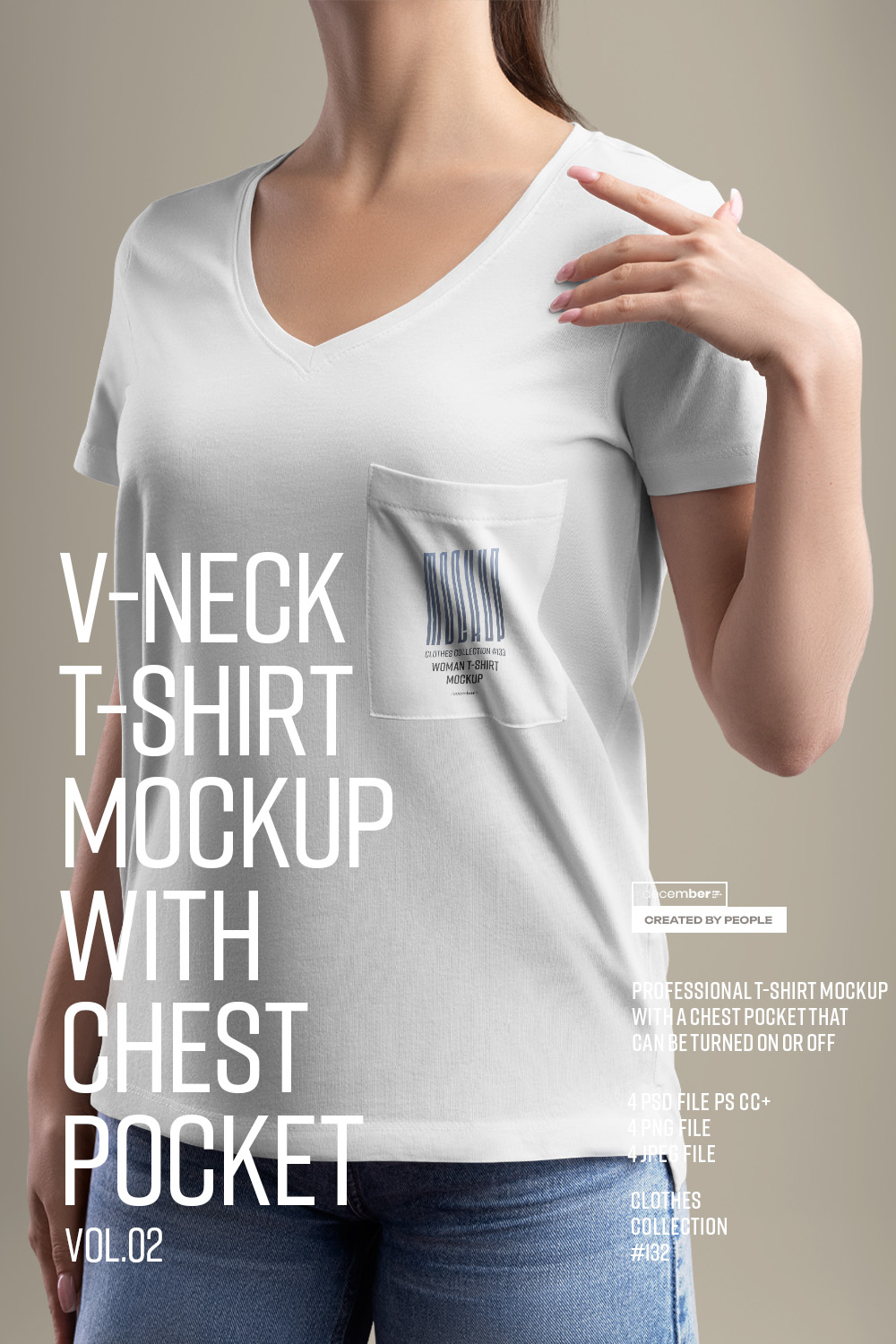 4 Mockup Woman V-Neck T-Shirt with a Chest Pocket vol02 pinterest preview image.