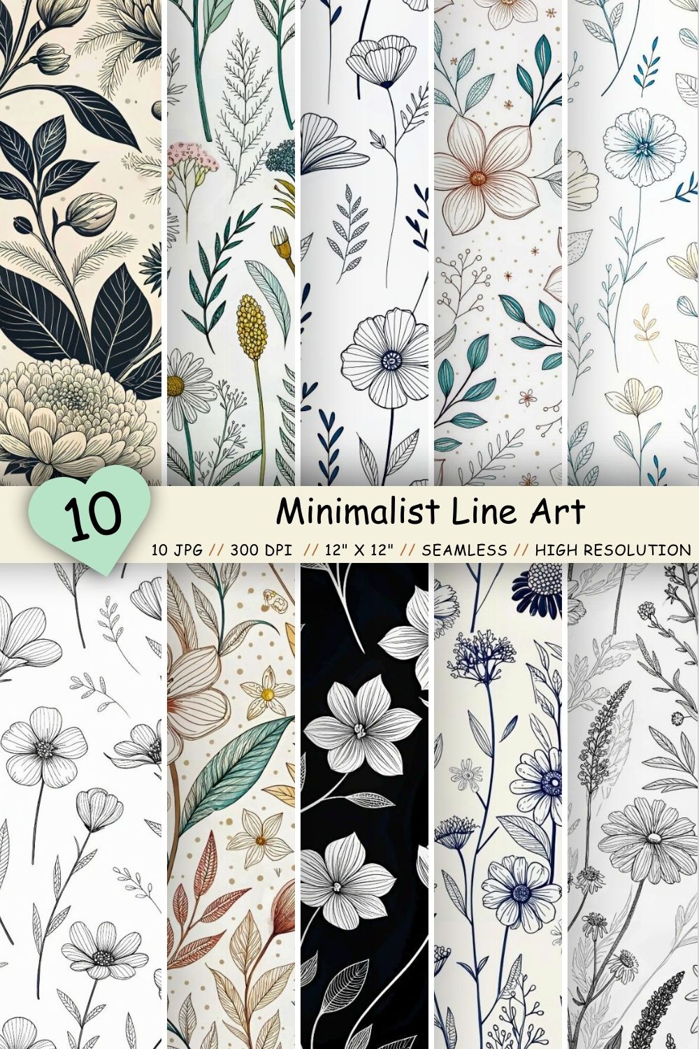 Minimalist Line Art Wildflowers Pattern – Seamless Digital Paper pinterest preview image.