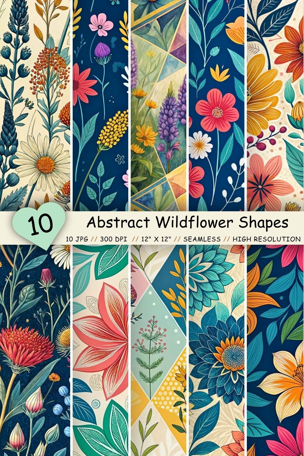 Abstract Wildflower Shapes Pattern, Seamless Digital Paper pinterest preview image.