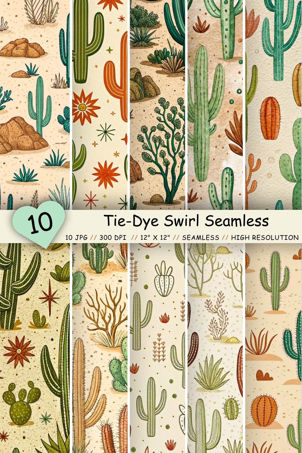 Desert Dreams Seamless Pattern – Sage Green Cacti & Terracotta Accents on Sandy Textures pinterest preview image.