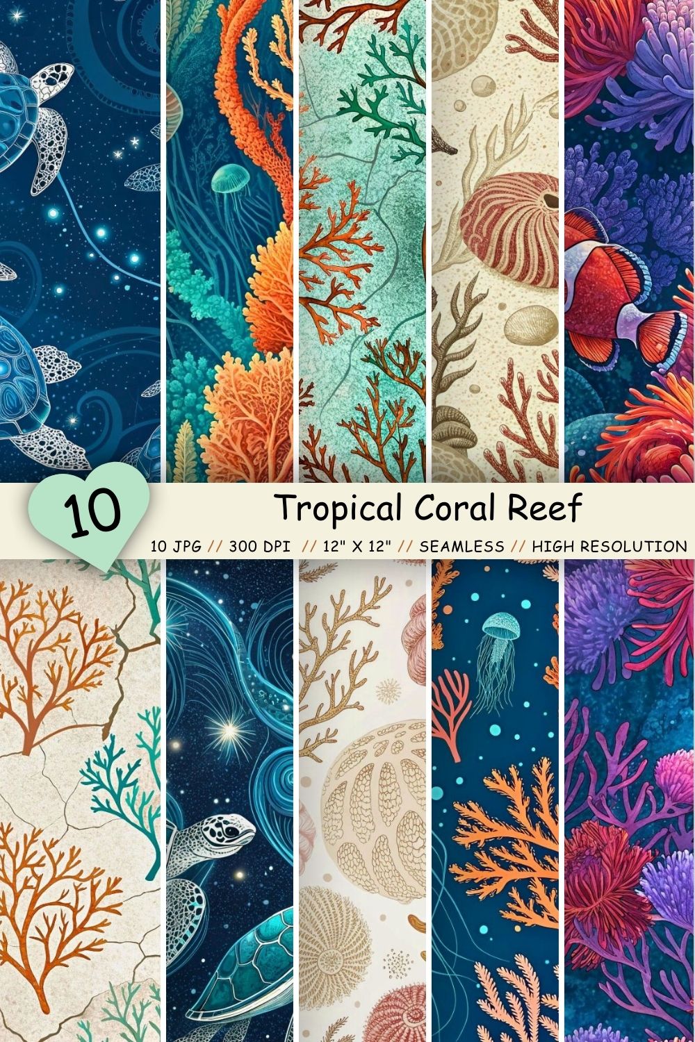 Tropical Coral Reef Seamless Pattern – Neon Fish & Anemones pinterest preview image.