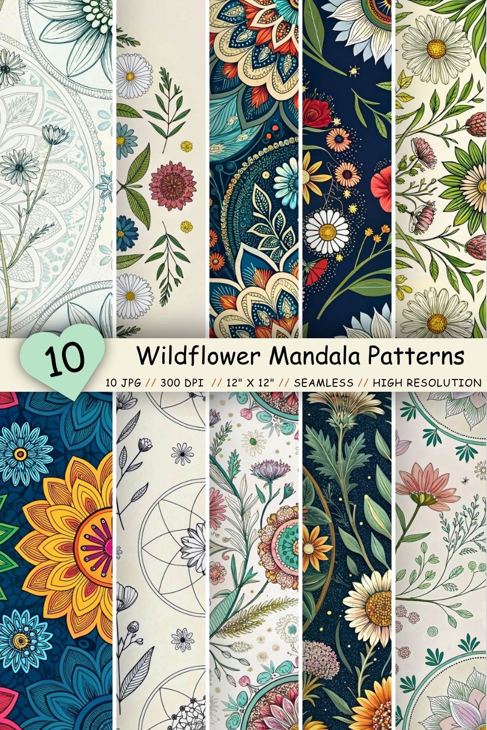 Wildflower Mandala Patterns – Seamless Digital Paper pinterest preview image.