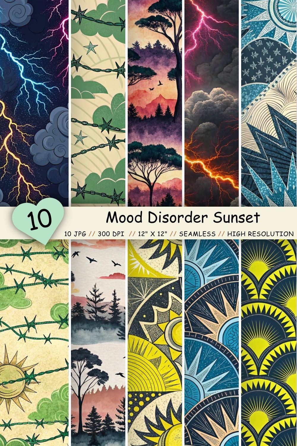 Mood Disorder Sunset Seamless Pattern – Chaotic Neon vs Stormy Grays pinterest preview image.