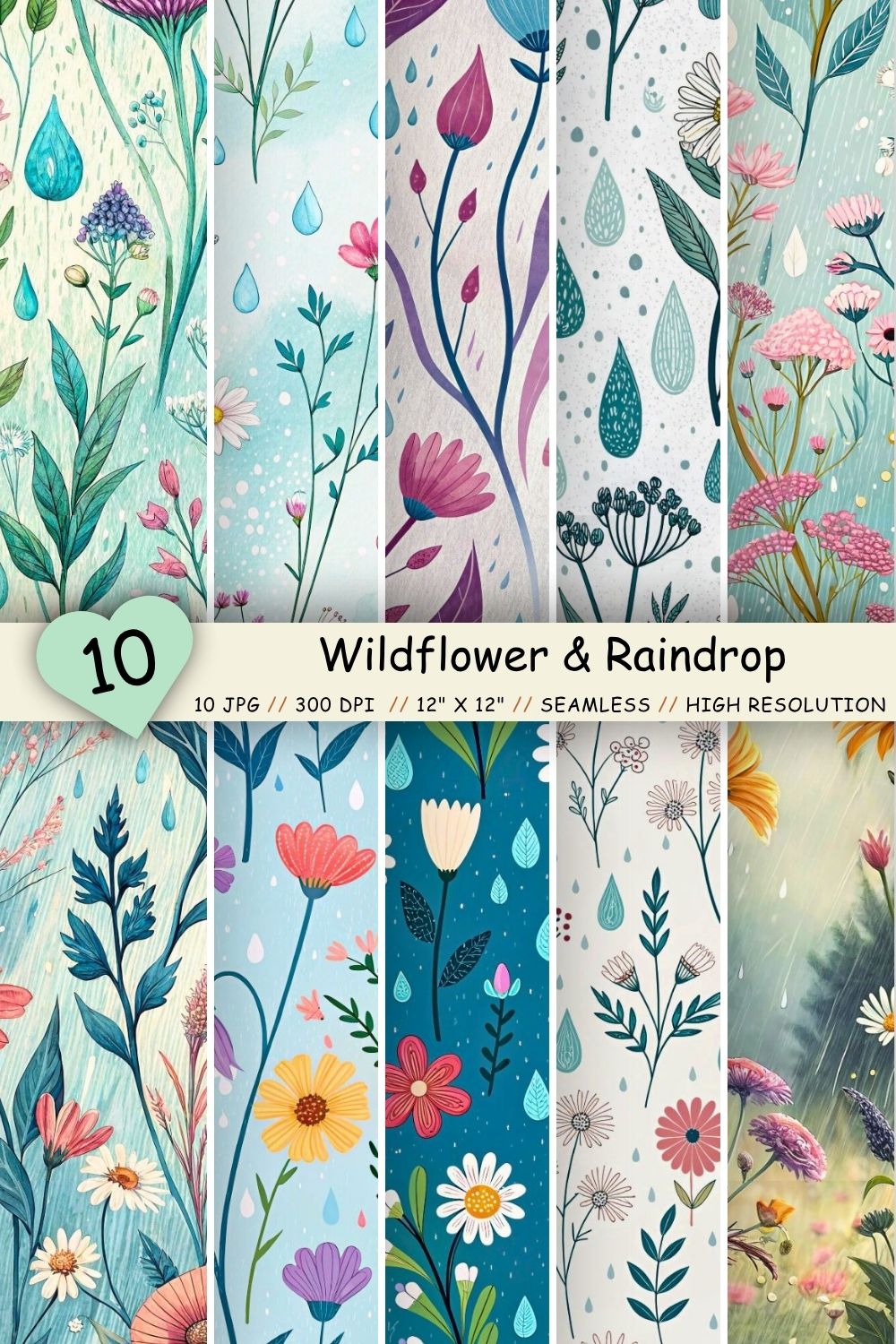 Wildflower & Raindrop Symphony Patterns – Seamless Digital Paper pinterest preview image.