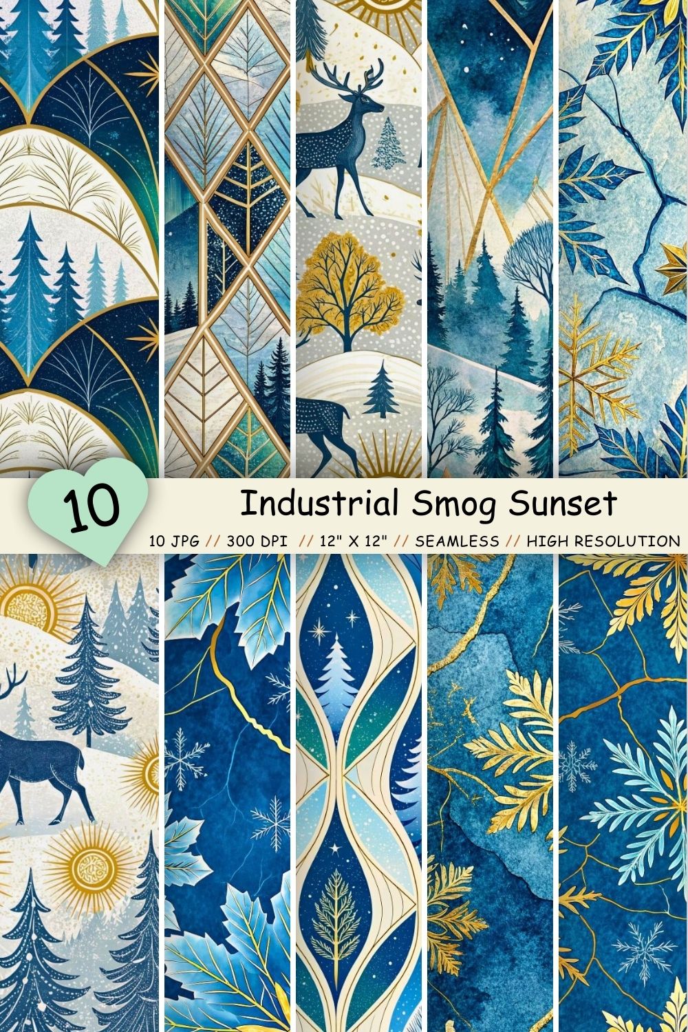 Arctic Midnight Sun Seamless Pattern – Icy Blues & Golden Glows pinterest preview image.
