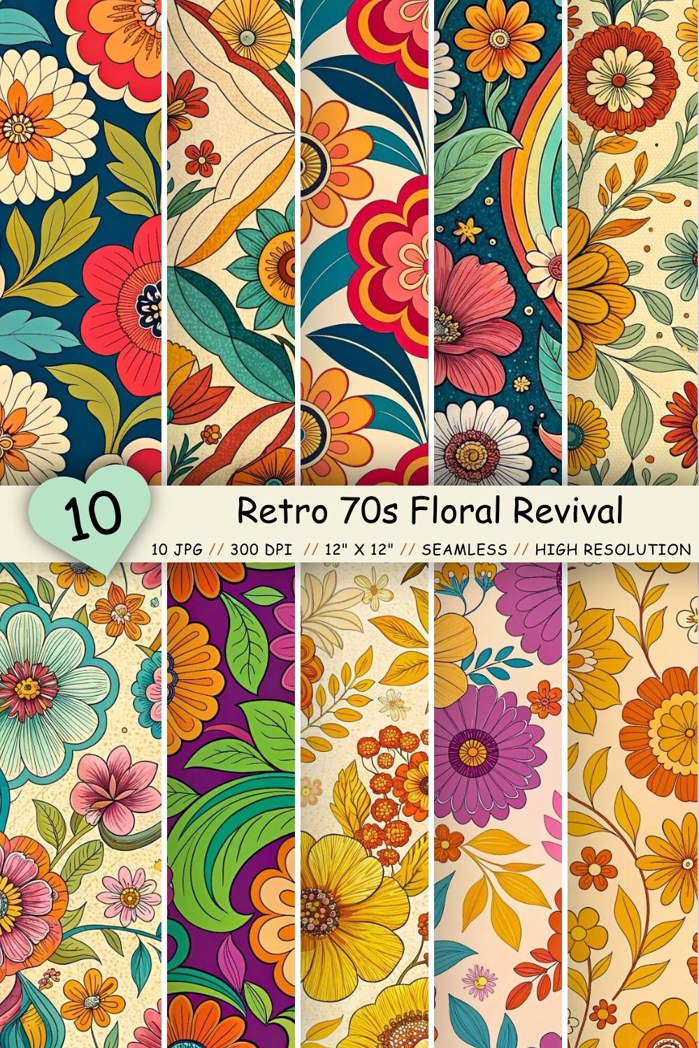 Retro 70s Floral Revival Digital Paper, Seamless Pattern pinterest preview image.