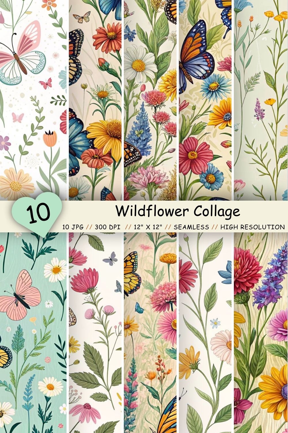 Wildflower Collage with Butterflies – Seamless Digital Paper pinterest preview image.